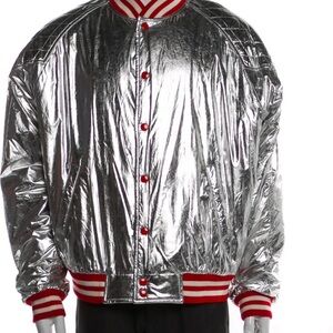 Men’s Celine Teddy Blouson Striped Bomber jacket silver metallic sz 50